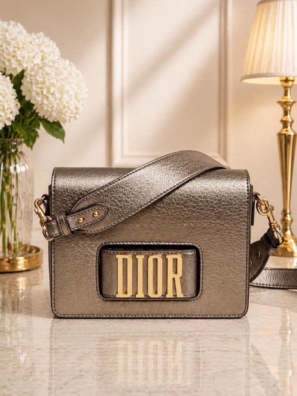 Authentic Christian Dior Grained Evolution Metallic Gold Flap Shoulder Crossbody